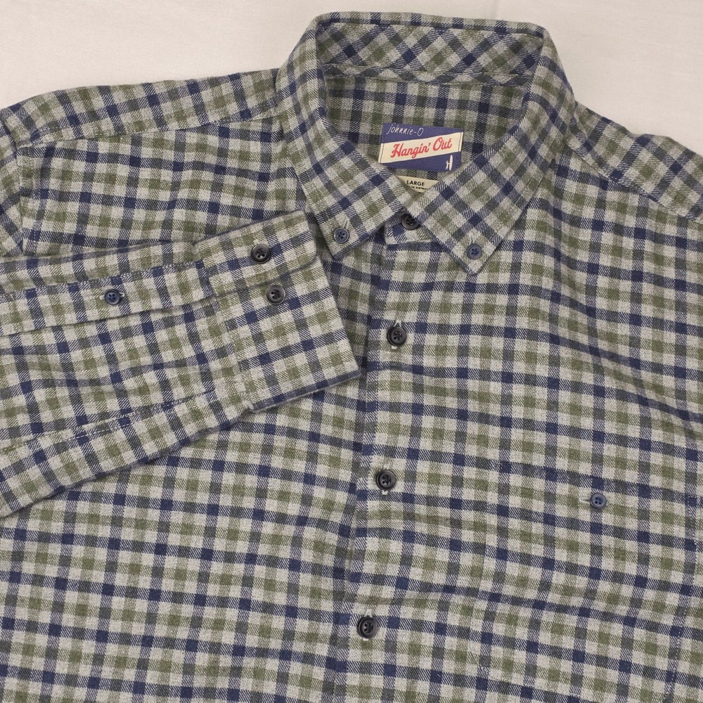Johnnie-O Hangin Out Button Down Men's Large Blue Green Plaid Flannel Shirt L